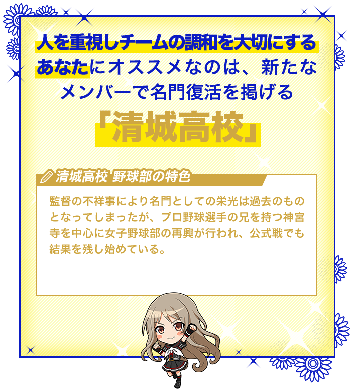 清城高校 監督の不祥事により名門としての栄光は過去のものとなってしまったが、プロ野球選手の兄を持つ神宮寺を中心に女子野球部の再興が行われ、公式戦でも結果を残し始めている。